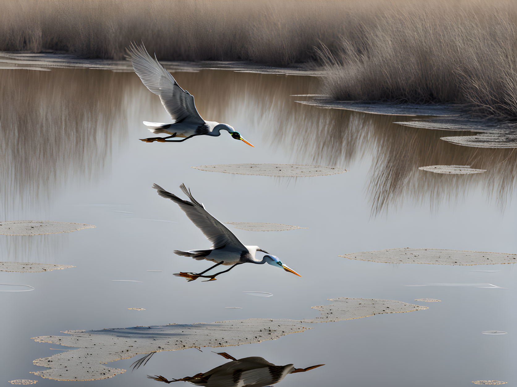 Heron in Flight Over Calm Waters with Reflection and Water Lilies