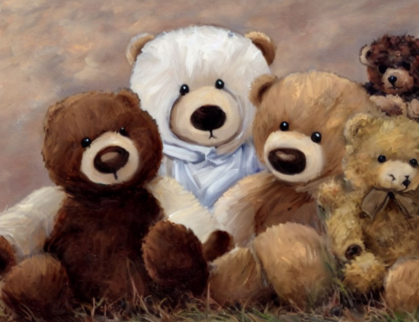 Four Brown Plush Teddy Bears Sitting Together