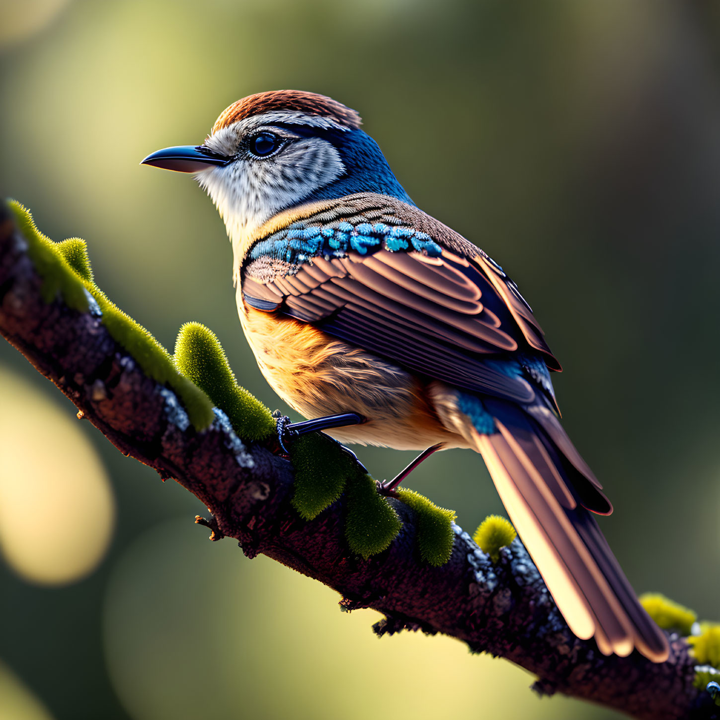 Vibrant bird with intricate feather patterns on mossy branch.