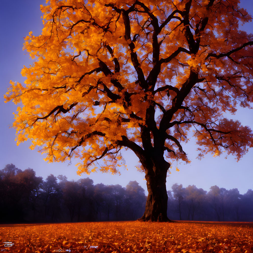 Majestic tree with golden leaves against dusk sky in autumn