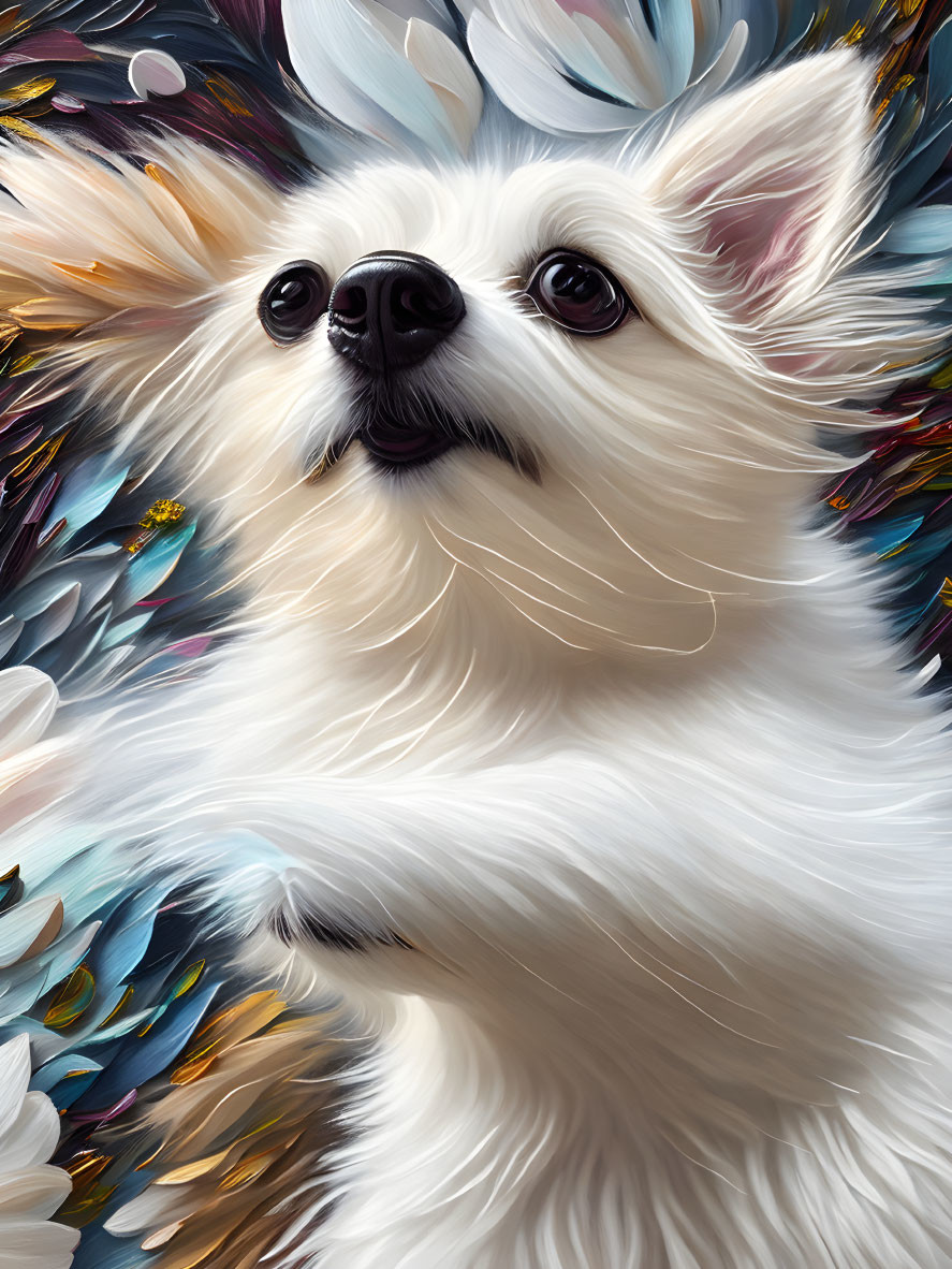 Detailed Close-Up of White Fluffy Dog with Expressive Eyes