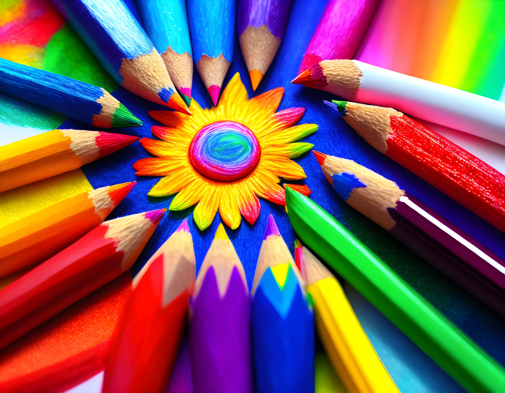 Colorful Circle of Sharpened Pencils on Rainbow Background