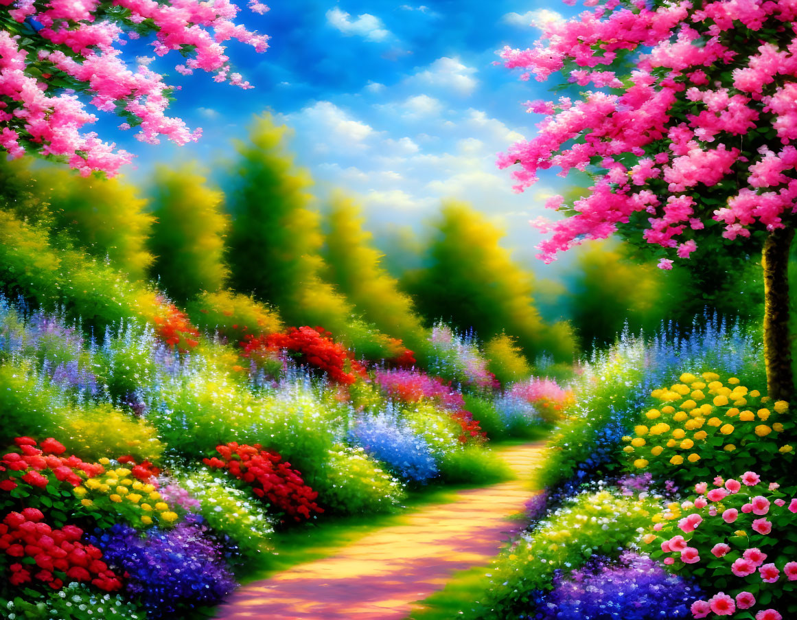 Colorful Garden Path with Blooming Flowers and Pink Blossomed Trees