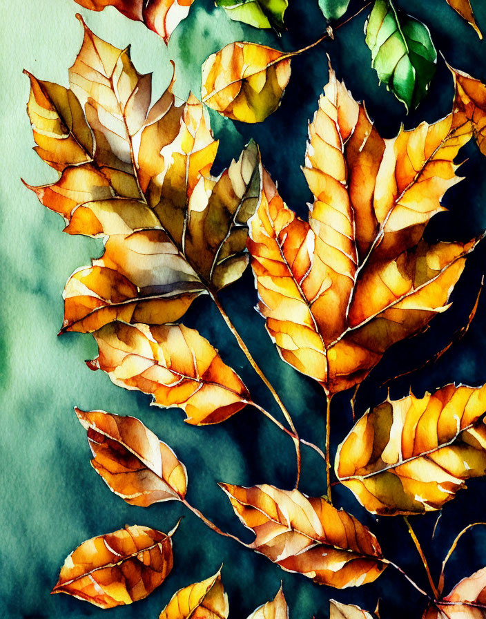 Vibrant autumn leaves in yellow, orange, and brown on teal background