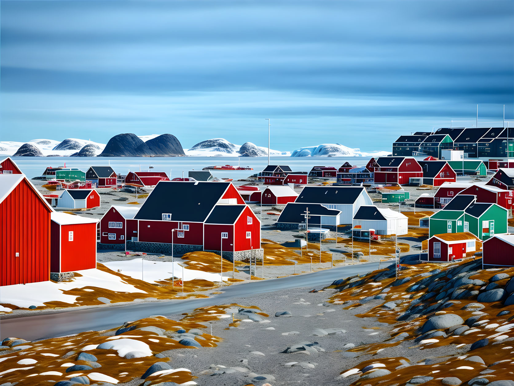 Vibrant Arctic town: colorful houses, snowy landscape, mountains, blue sky