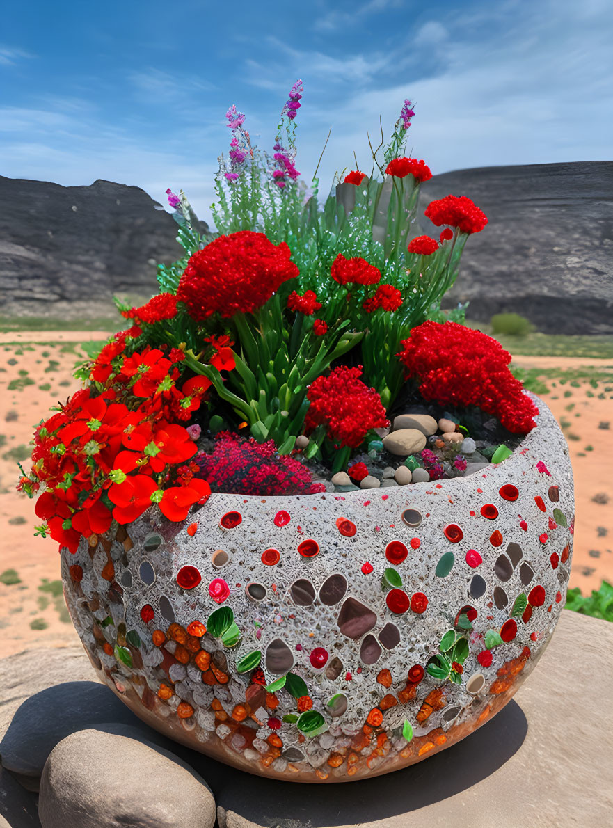 Circular red flower arrangement in concrete planter against desert backdrop