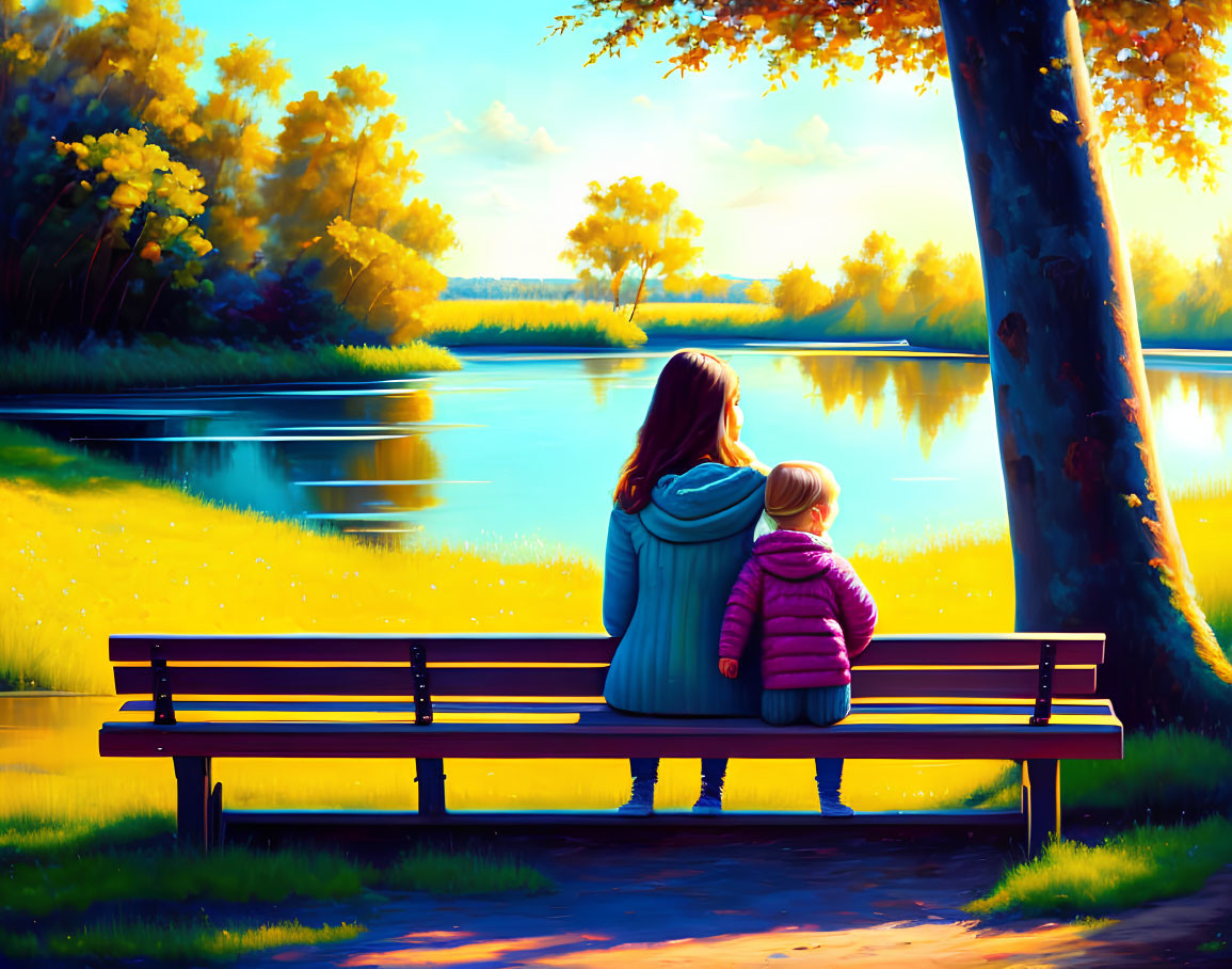 Two people on park bench by river with autumn trees and blue sky