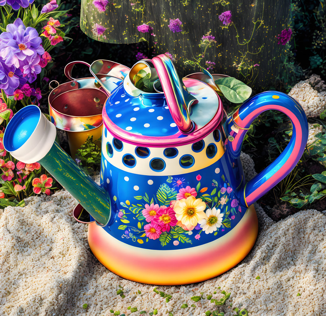 Colorful Polka-Dotted Watering Can Surrounded by Flowers and Tools