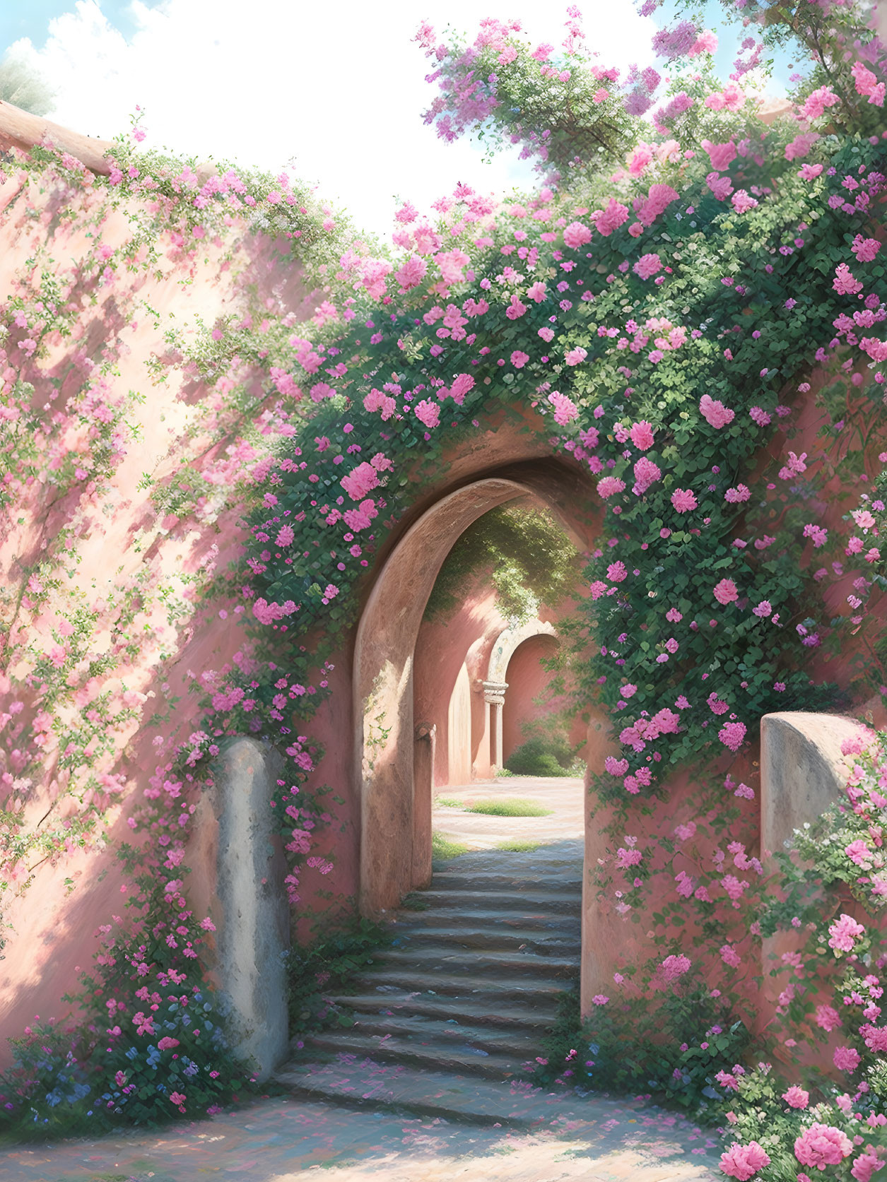 Tranquil stone path with pink flowering bushes under sunlit archway