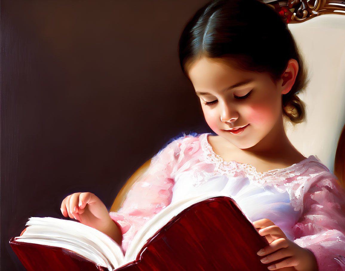 Young girl reading book in soft light, delicate features highlighted