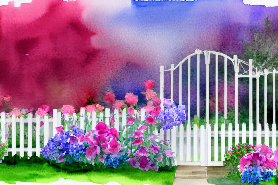 Colorful Watercolor Painting of White Picket Gate and Blooming Flowers