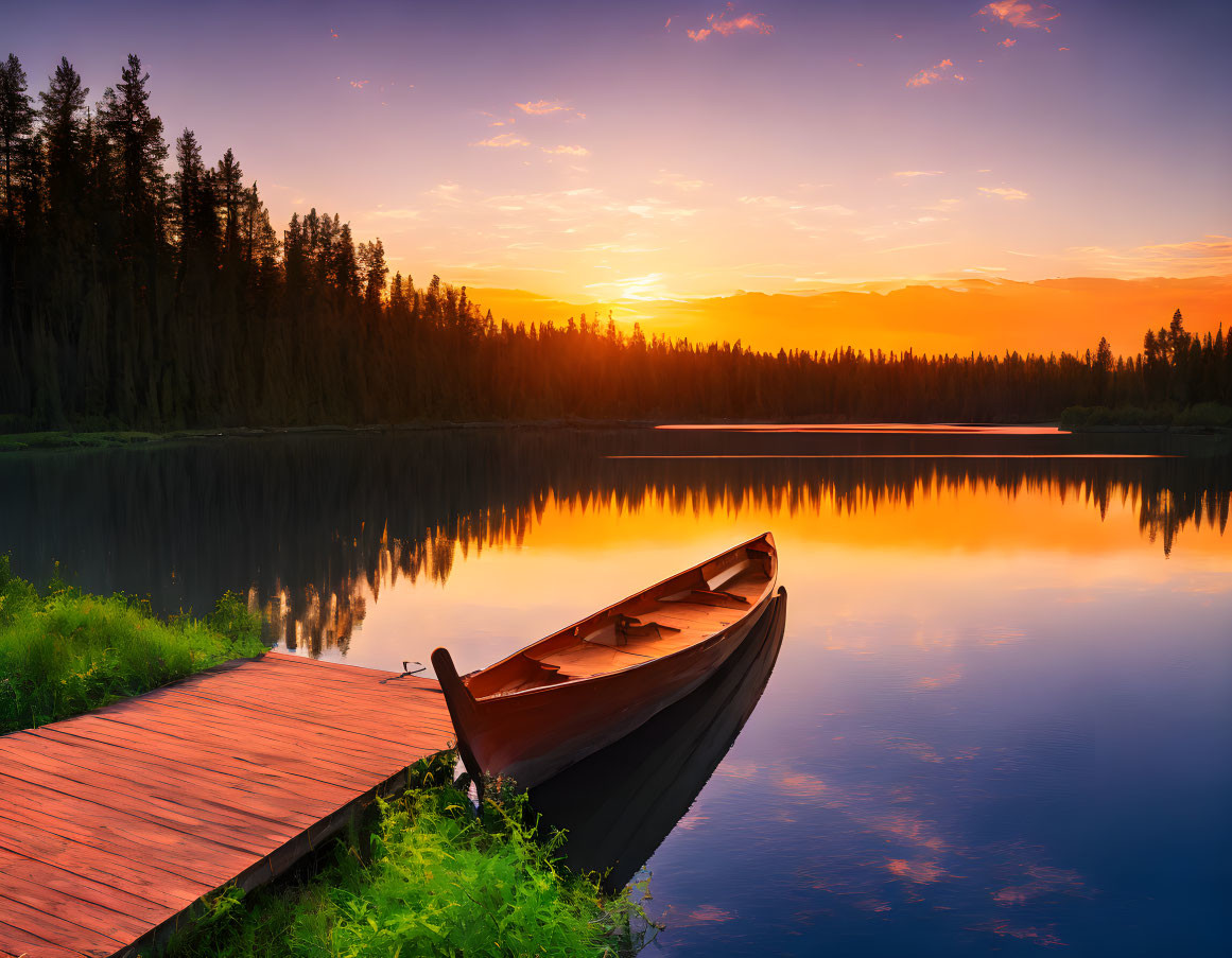 Tranquil sunset scene at lake with wooden dock and canoe