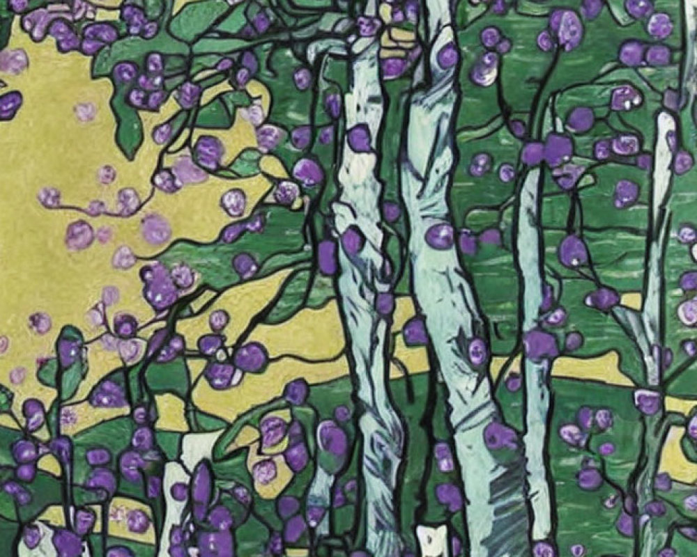 Stylized tree painting with white trunks and purple blooms