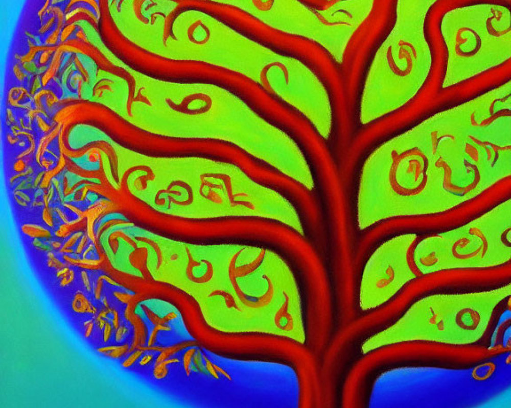 Colorful Stylized Tree Painting with Red Trunk and Green Leaves