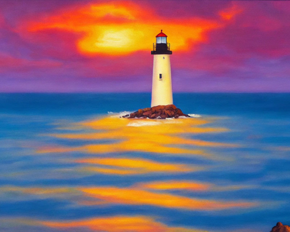 Lone lighthouse on rocks in colorful sunset sea