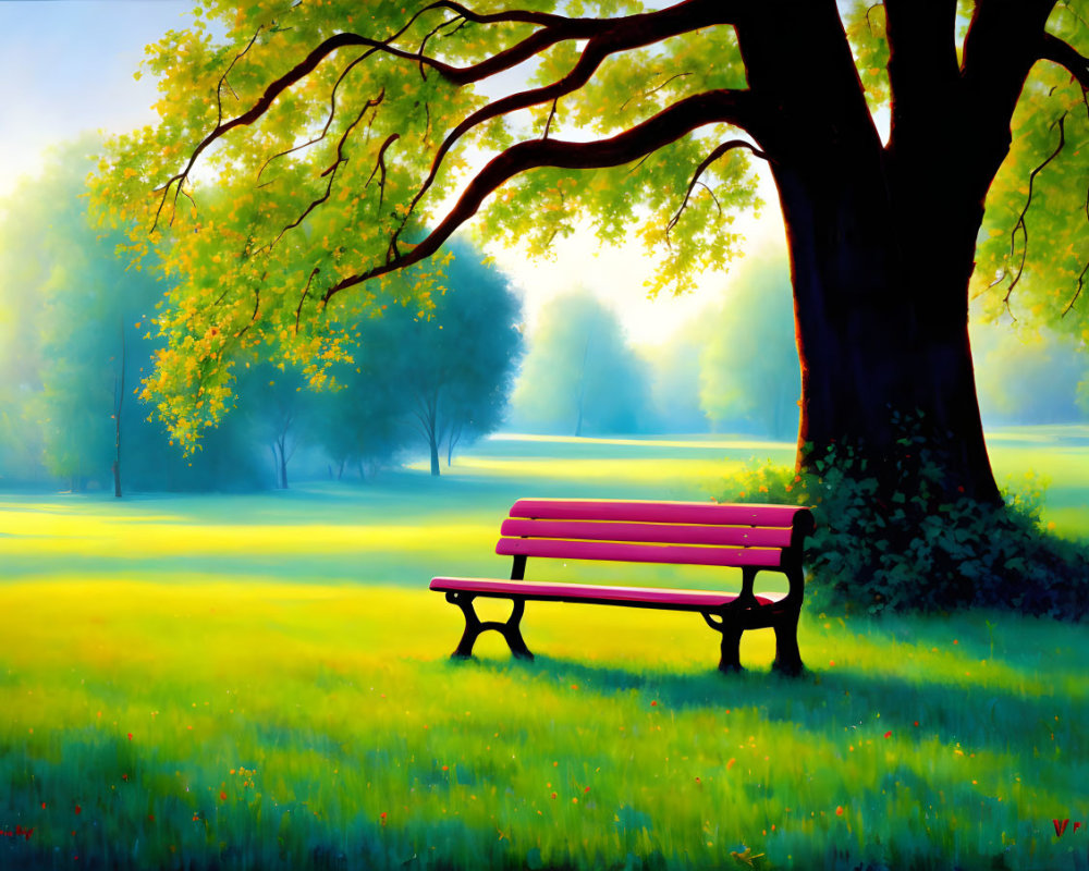 Pink Bench Under Tree in Sunlit Park with Leafy Shadows