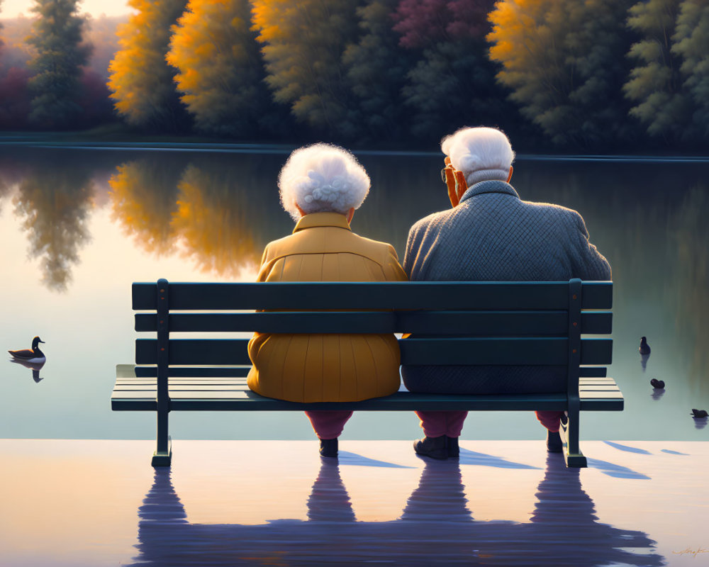 Elderly couple on bench by serene lake with autumn foliage