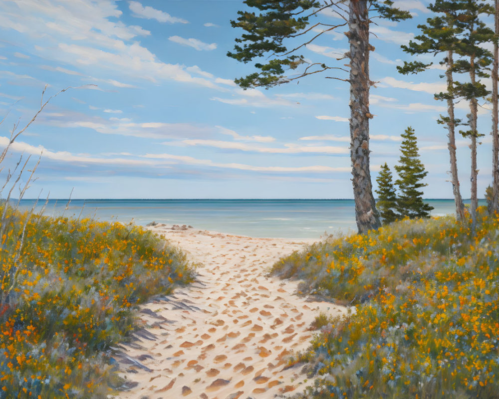 Tranquil beach landscape with sandy path, blue sea, wildflowers, pine trees, and cloudy