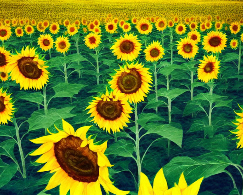 Bright Sunflower Field Against Textured Yellow Sky