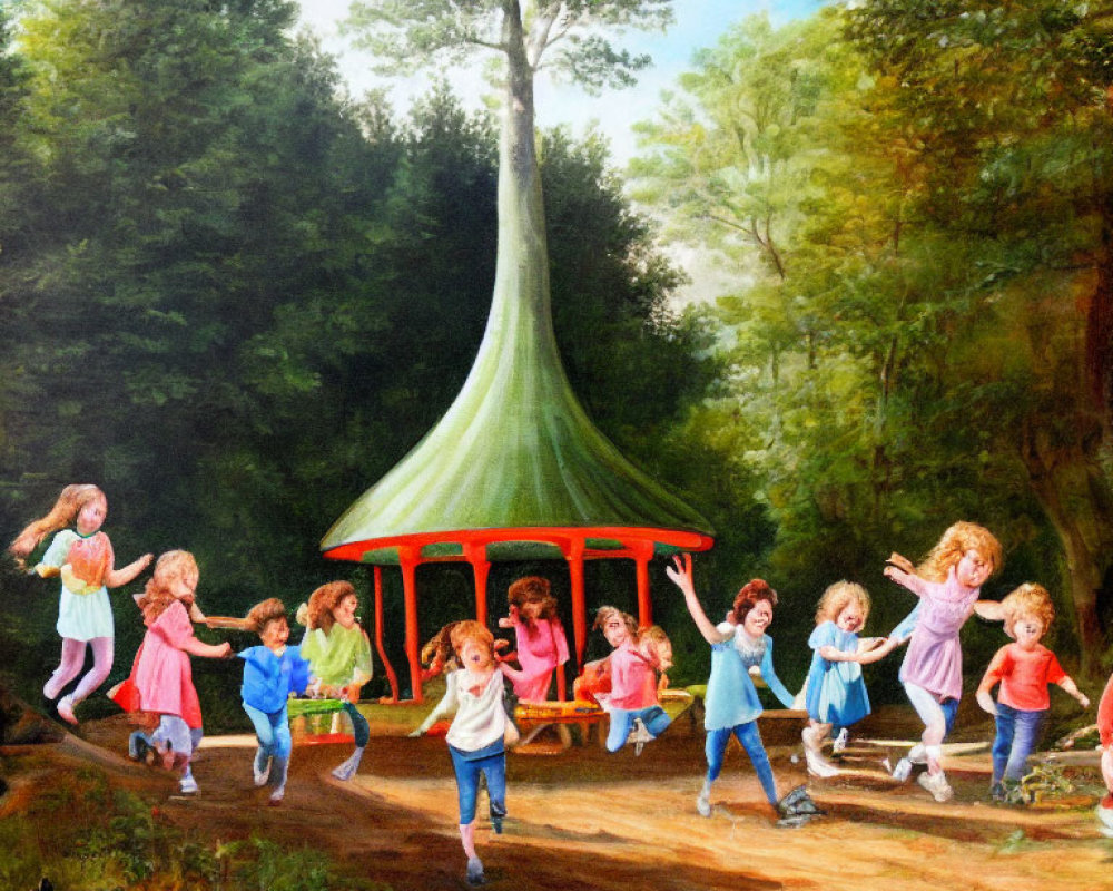 Whimsical tree-shaped carousel in a sunlit forest clearing