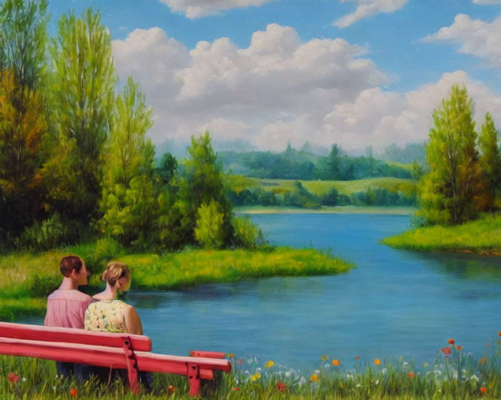Two individuals on red bench near river, lush greenery, colorful flowers, fluffy clouds.