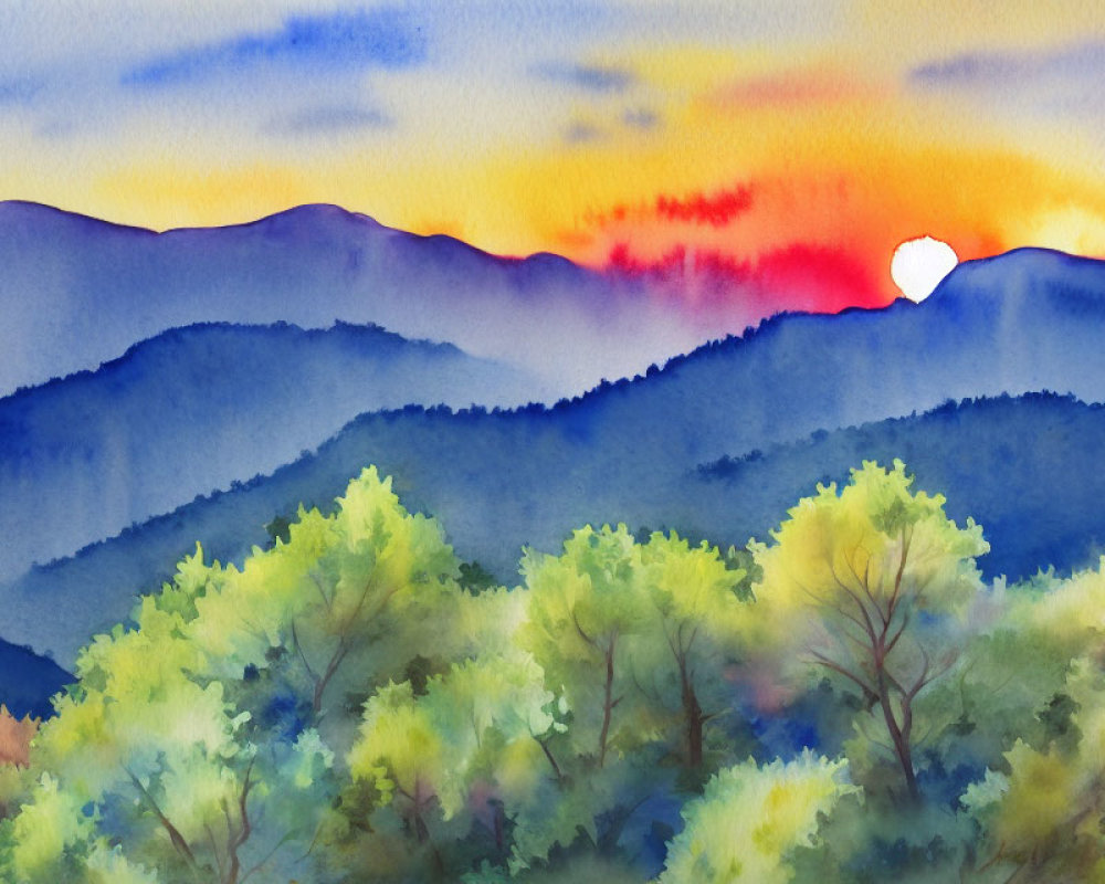 Blue mountain watercolor landscape with sunset sky and green trees.