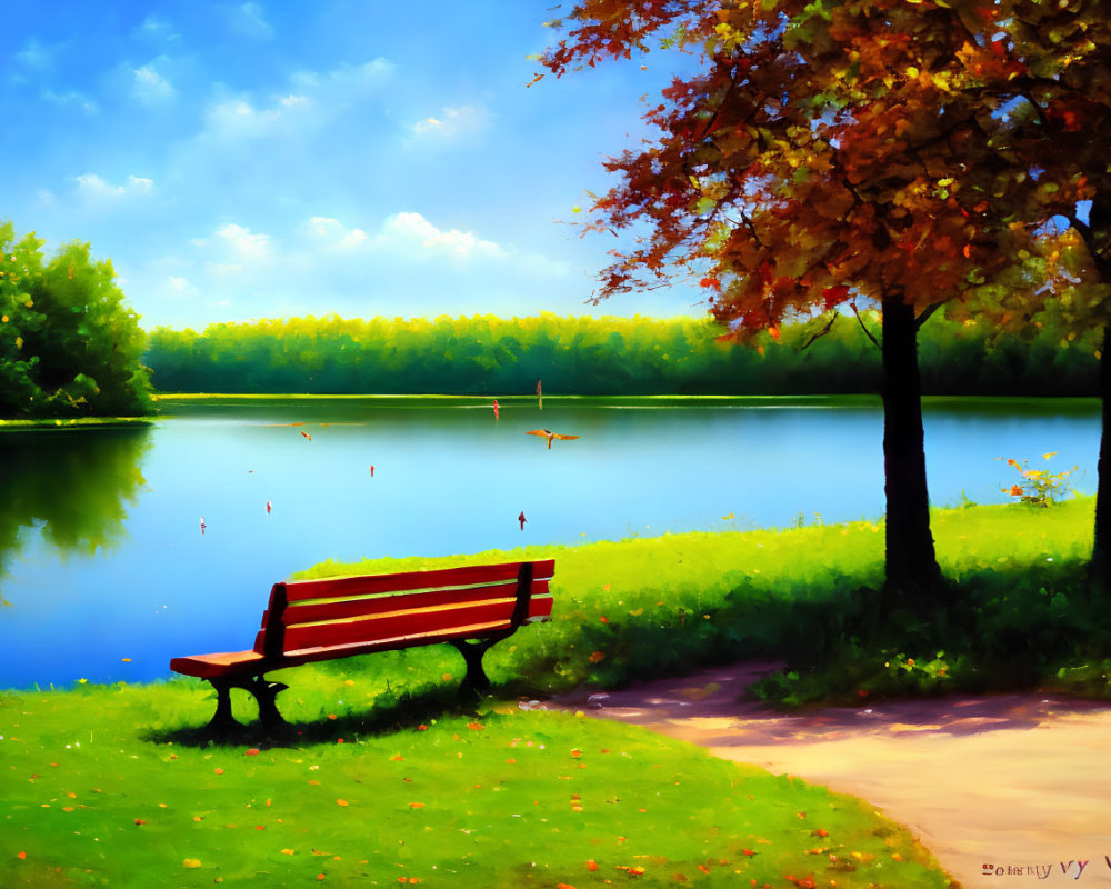 Autumn park scene with red bench near tree and serene lake reflections