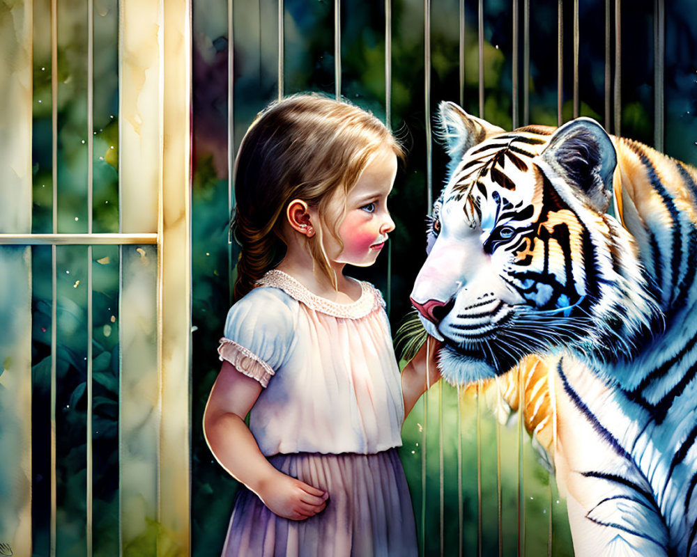 Young girl in dress gazes at tiger behind bars