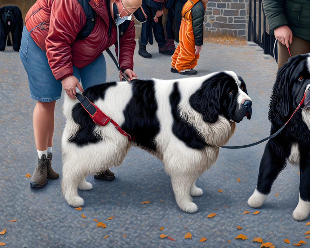 Two Black and White Bernese Mountain Dogs on Leashes in Fall Scene