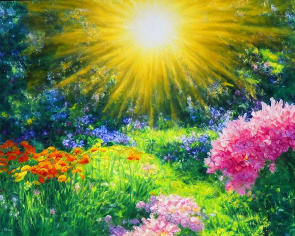 Vibrant garden painting with colorful flowers under radiant sun