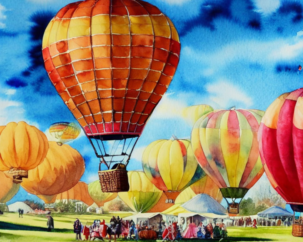 Colorful hot air balloons soar in a vibrant watercolor painting