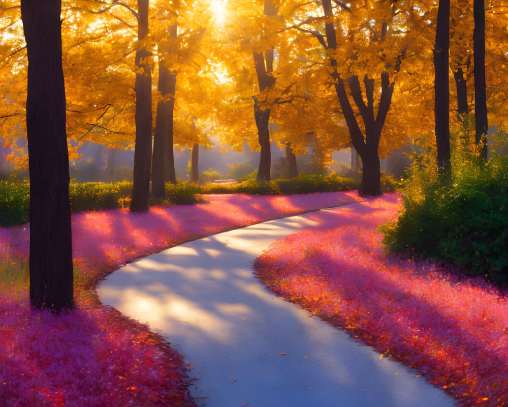 Scenic autumn forest path with golden foliage and pink petals