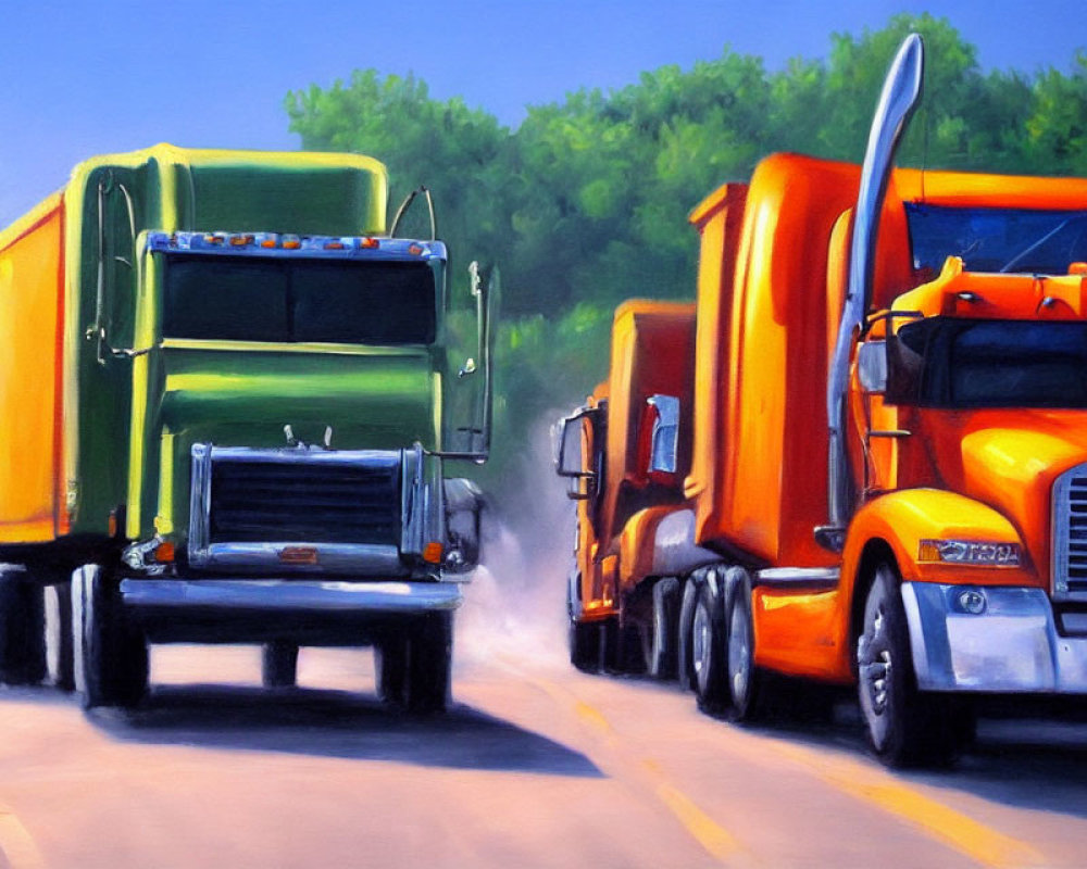 Two vibrant semi-trucks on sunlit highway with lush greenery