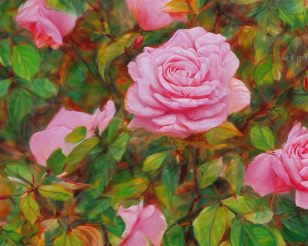 Vibrant painting of pink roses in full bloom amidst green leaves