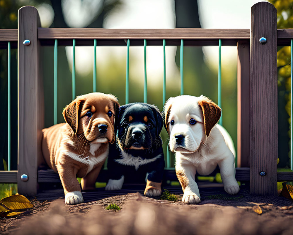 Three cute puppies peeking through wooden fence in nature with sunlight filtering through leaves