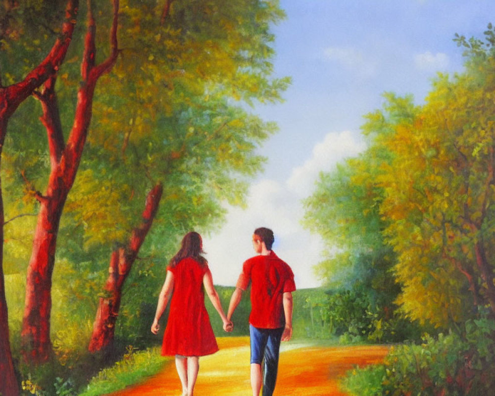 Couple Walking Hand in Hand on Sunlit Path with Trees and Blue Sky