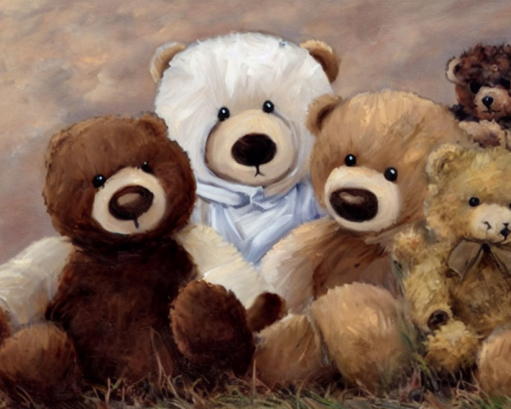 Four Brown Plush Teddy Bears Sitting Together