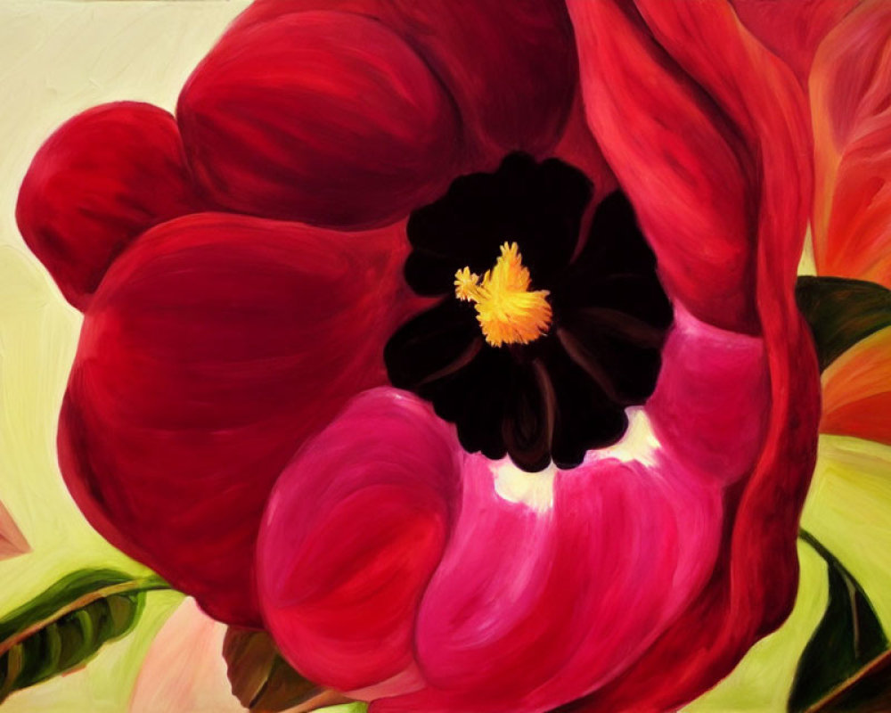 Large Red Flower Painting with Dreamy Warm Palette