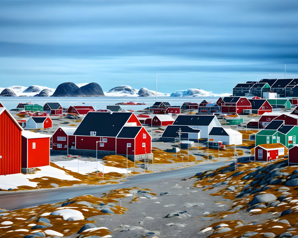 Vibrant Arctic town: colorful houses, snowy landscape, mountains, blue sky