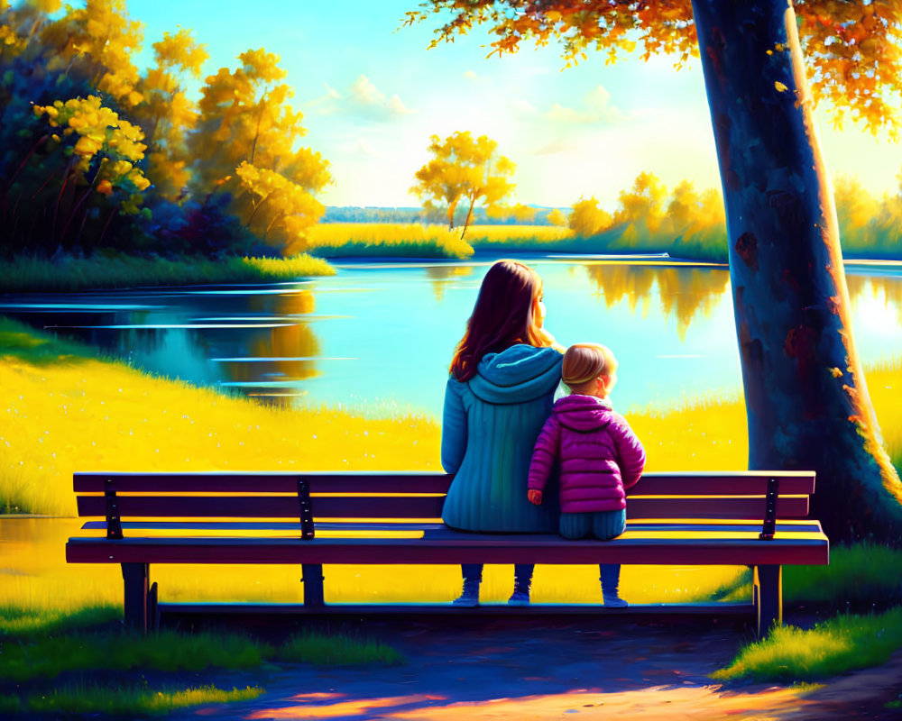 Two people on park bench by river with autumn trees and blue sky