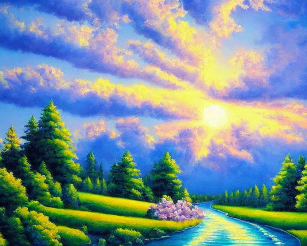 Colorful sunrise landscape painting with river and lush trees