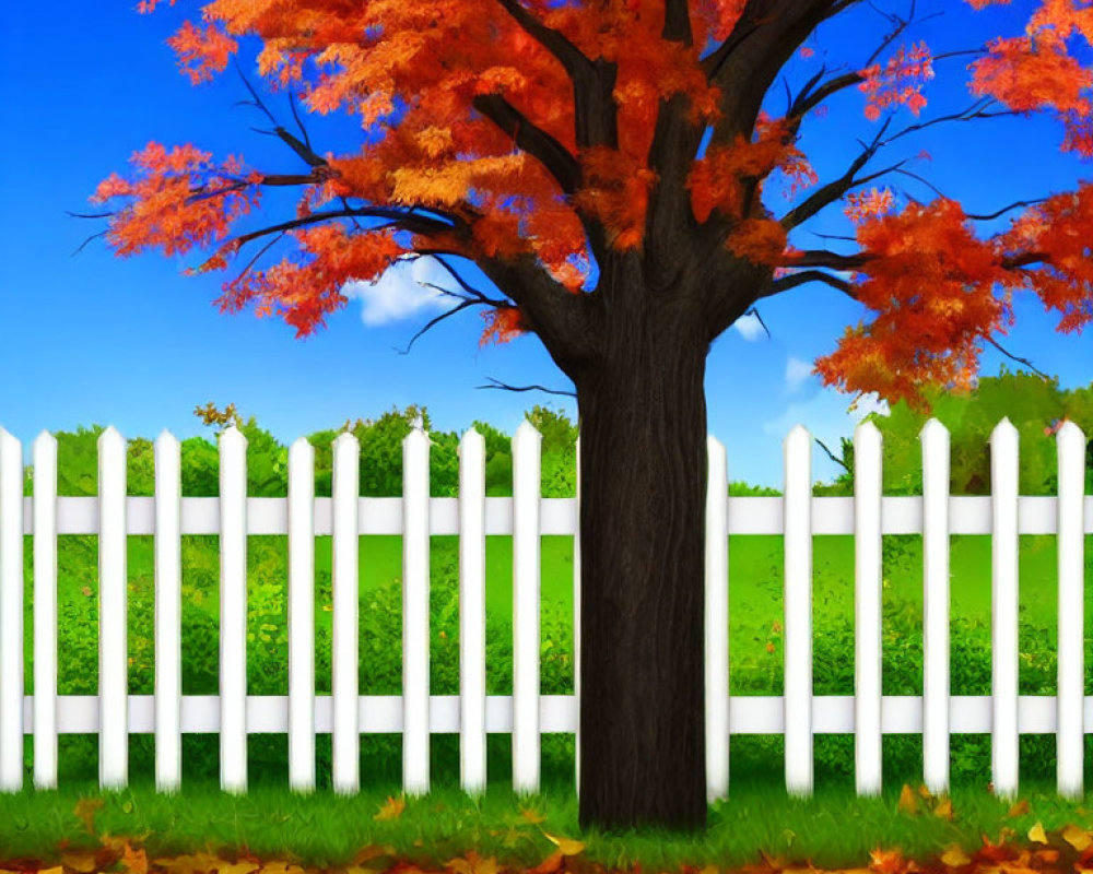 Colorful autumn tree with red-orange leaves by white picket fence against blue sky