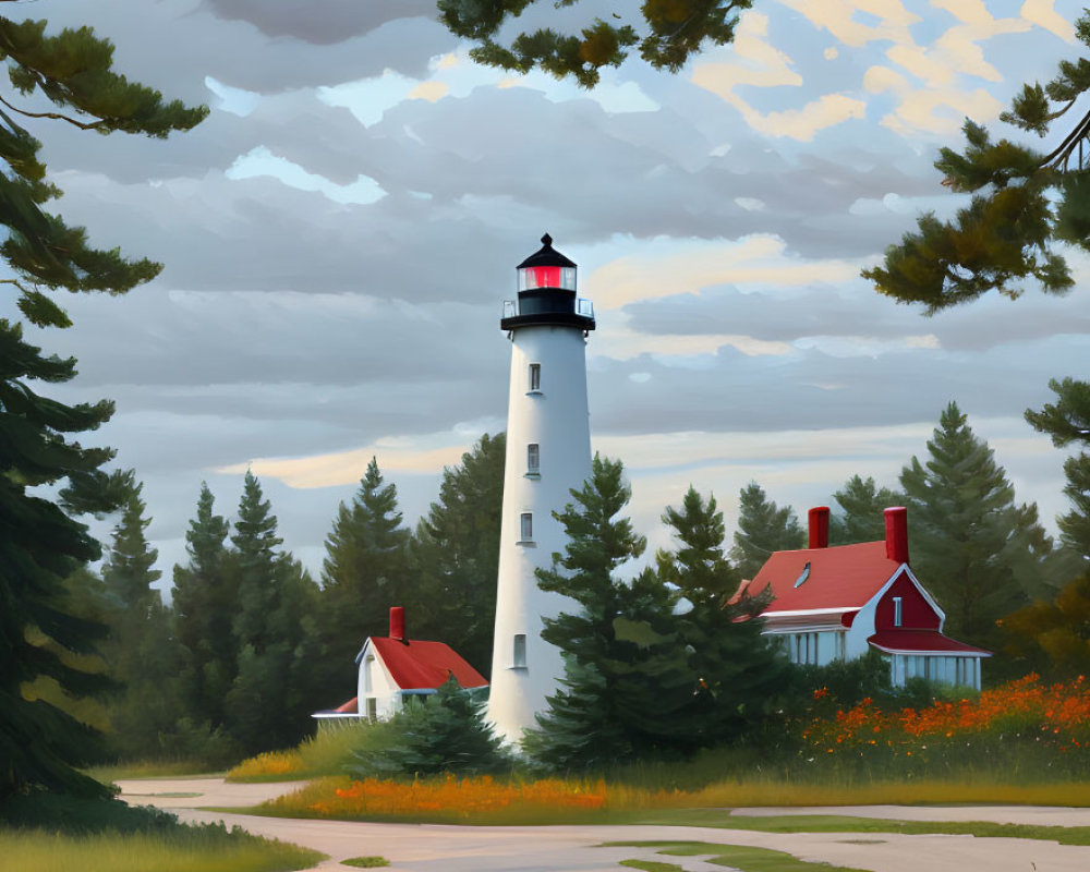 Tall white lighthouse with red cap beside house in lush greenery