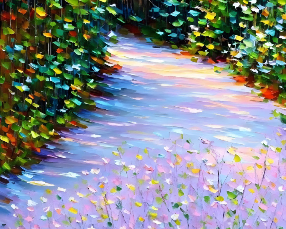 Impasto forest painting with luminescent pathway and purple wildflowers