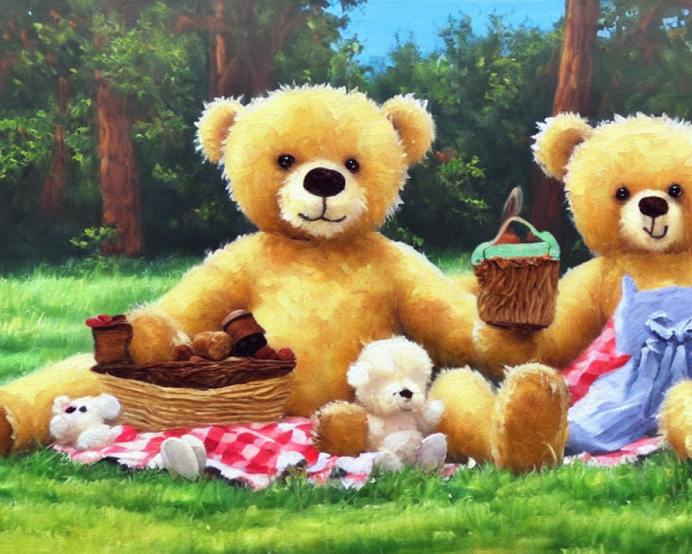 Teddy Bears Picnic Scene with Food Basket in Park