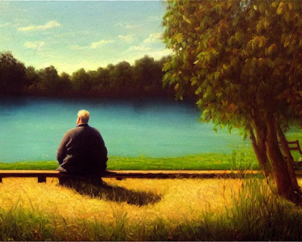 Tranquil lake scene with person on park bench surrounded by lush greenery