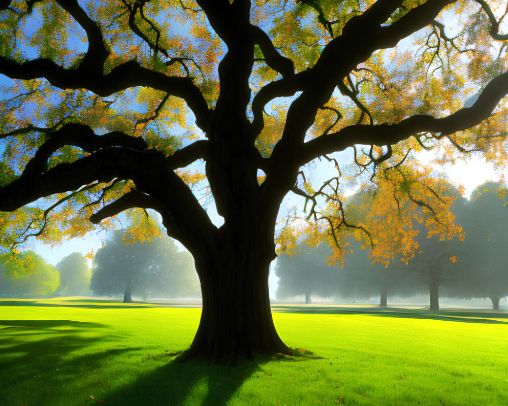 Majestic tree with sprawling branches on a misty morning