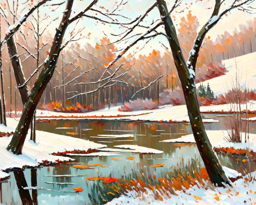 Winter Landscape Painting: Snow-Covered Pond & Bare Trees