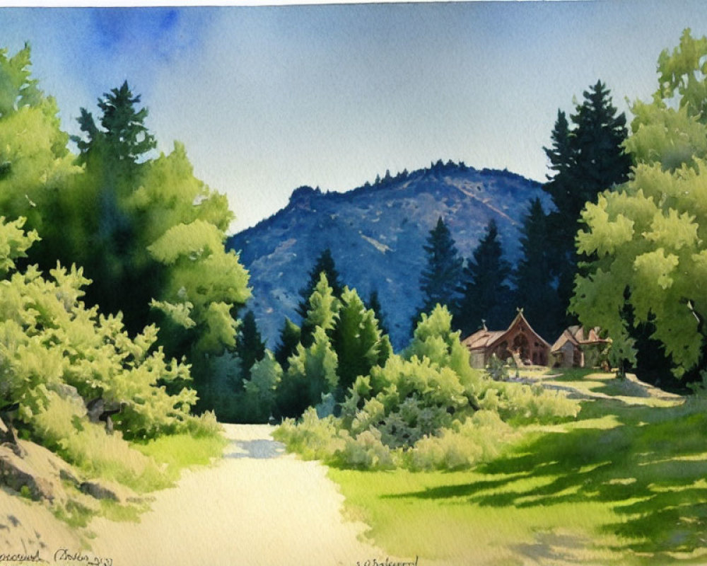 Serene landscape watercolor painting with cabin, trees, and mountain