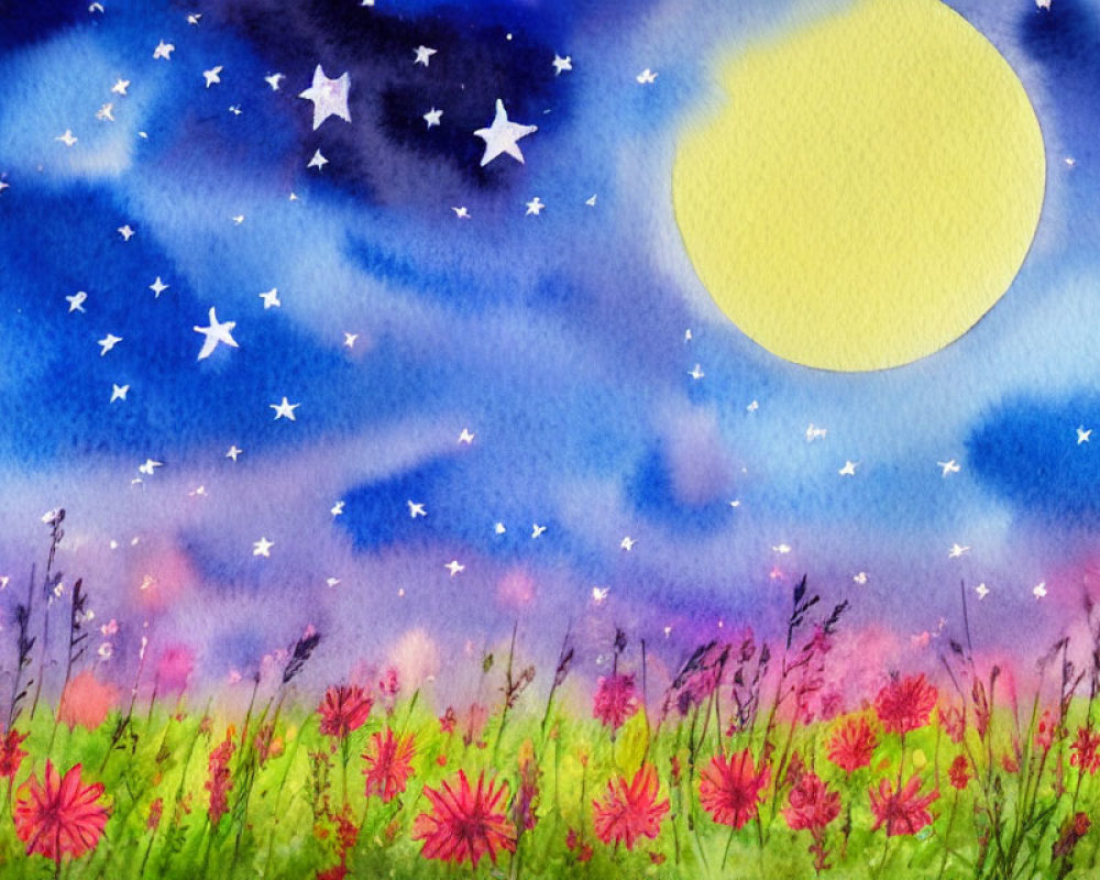 Nighttime watercolor painting: yellow moon, starry sky, pink flowers, blue & purple backdrop